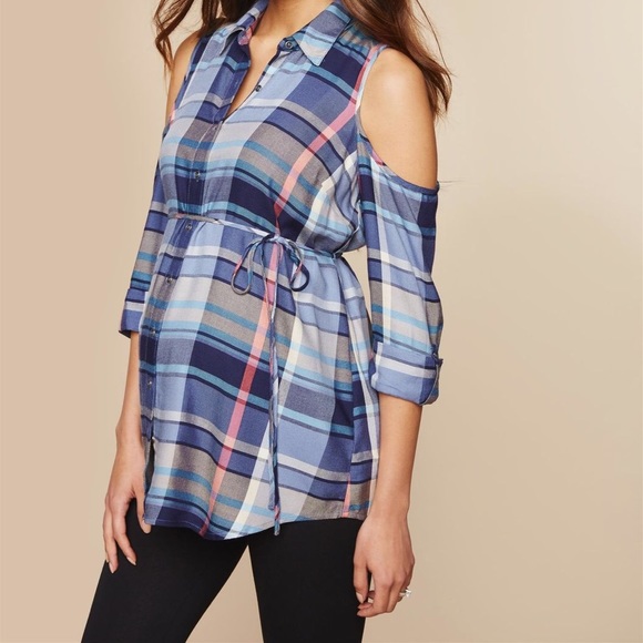 Motherhood Maternity Plaid Cold Shoulder Top - Picture 3 of 7